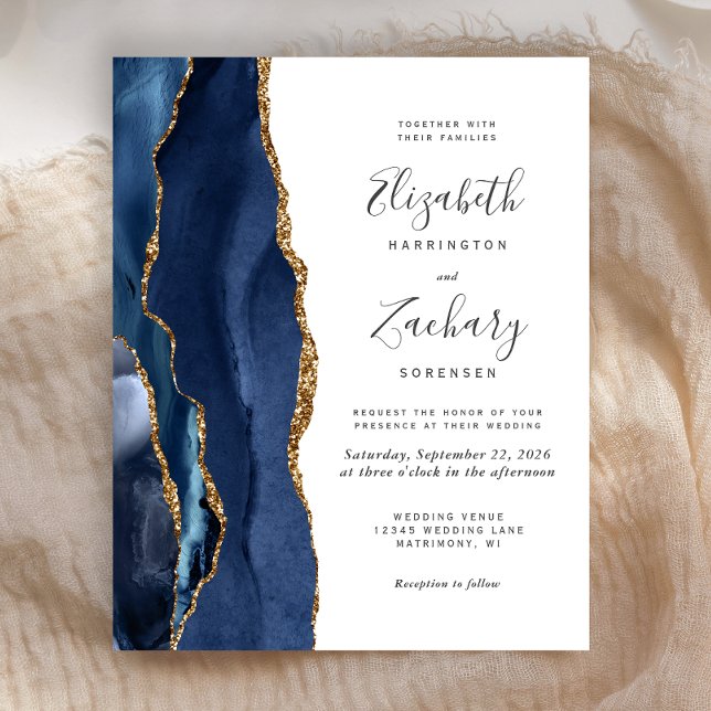 Budget Navy Blue Gold Agate Wedding Invitation (Creator Uploaded)