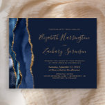Budget Navy Blue Gold Agate Wedding Invitation<br><div class="desc">The left-hand edge of this elegant modern wedding invitation features a navy blue watercolor agate border trimmed with faux gold glitter. The customisable text combines gold-coloured handwriting,  copperplate and italic fonts on a navy blue background. The reverse side features a matching navy blue and gold agate design.</div>