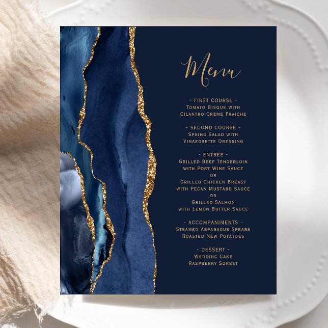 Budget Navy Blue Gold Agate Wedding Menu (Creator Uploaded)