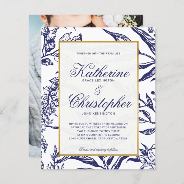 BUDGET Navy Blue Gold Botanical Photo Wedding (Front/Back)