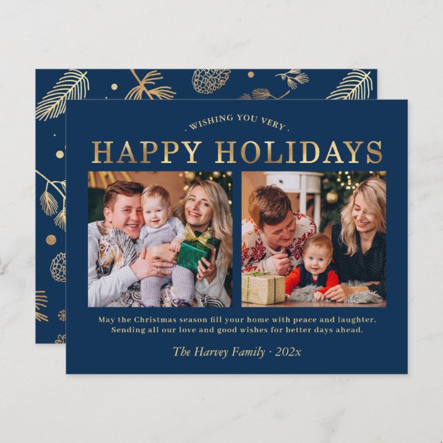 Budget Navy Blue Gold Christmas Holiday Photo Card (Front/Back)