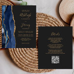 Budget Navy Blue Gold Dark QR Code Wedding Invite<br><div class="desc">Save the cost of printing and mailing separate RSVP cards with this elegant modern all-in-one budget wedding invitation. The left-hand edge features a navy blue watercolor agate border trimmed with gold faux glitter. The customisable text combines gold-coloured handwriting, copperplate and italic fonts on a slate black background. The reverse side...</div>