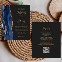Budget Navy Blue Gold Dark QR Code Wedding Invite