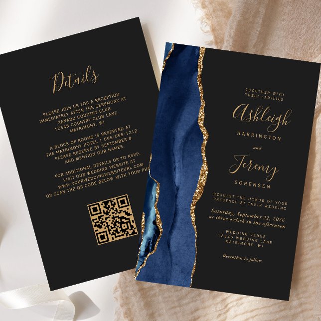 Budget Navy Blue Gold Dark QR Code Wedding Invite (Creator Uploaded)