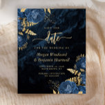 Budget Navy Blue Gold Floral Wedding Save the Date<br><div class="desc">This elegant wedding save the date card features navy blue floral bouquets set off with gold faux foil greenery in two corners, on a background image of navy blue watercolor agate. The customisable text combines gold-coloured serif, italic and handwriting fonts. The reverse side features a matching navy blue and gold...</div>