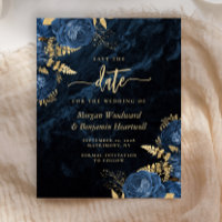 Budget Navy Blue Gold Floral Wedding Save the Date