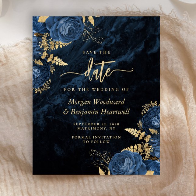Budget Navy Blue Gold Floral Wedding Save the Date (Creator Uploaded)