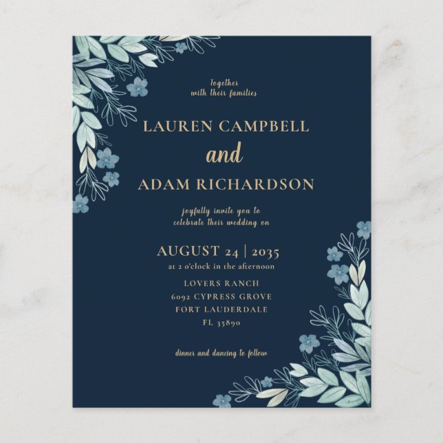 Budget Navy Blue & Gold Foliage Wedding Invitation (Front)