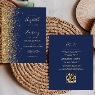 Budget Navy Blue Gold Glitter QR Code Wedding