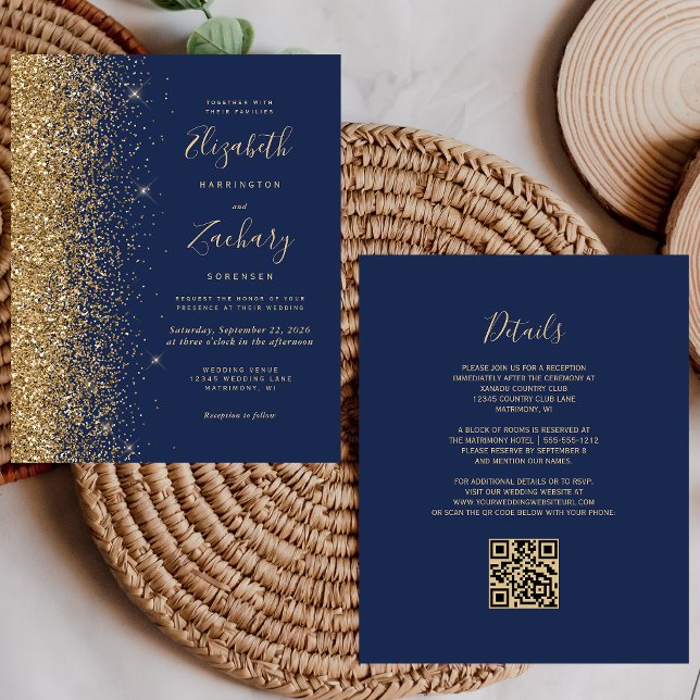 Budget Navy Blue Gold Glitter QR Code Wedding (Creator Uploaded)