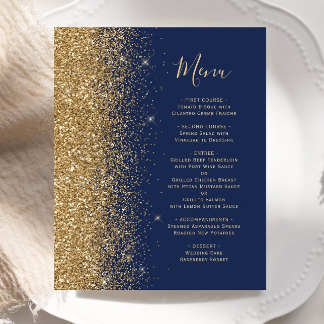 Budget Navy Blue Gold Glitter Wedding Menu (Creator Uploaded)