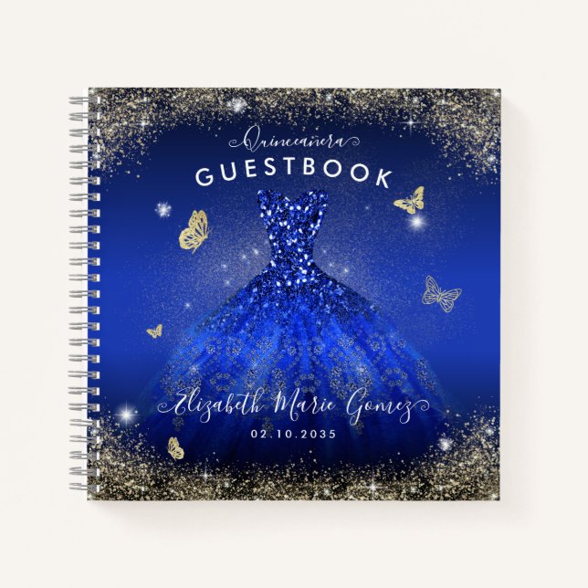 Budget Navy Blue Gold Gown Quinceanera Guestbook  Notebook (Front)