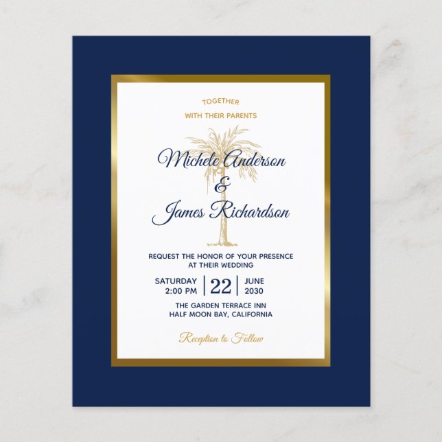 Budget Navy Blue Gold Palm Tree Wedding Invitation (Front)