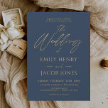 Budget Navy Blue Gold Wedding Modern Invitation<br><div class="desc">Introducing our Navy Blue Gold Wedding Modern Typography Script Invitation: Make a statement with our elegant wedding invitations featuring modern typography and luxurious black and gold accents. Crafted with meticulous attention to detail, these invitations exude sophistication and style, setting the tone for your special day. The sleek black background is...</div>