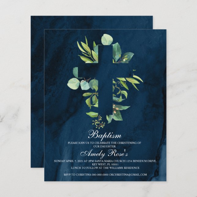 Budget Navy Blue & Leaves Cross Baptism Invitation (Front/Back)