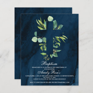 Budget Navy Blue & Leaves Cross Baptism Invitation
