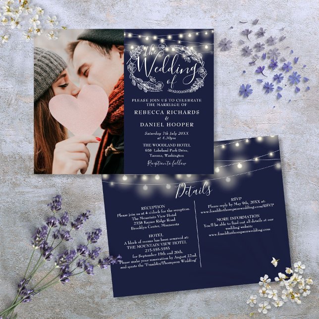 Budget Navy Blue Lights Photo Wedding Invite (Budget Navy Blue Lights Photo Wedding Invite)