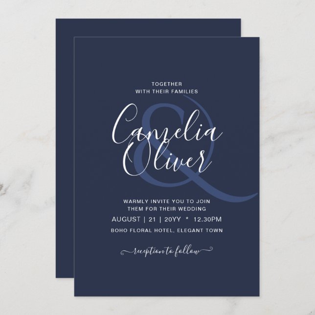 BUDGET Navy Blue Monochrome WEDDING Invitation (Front/Back)