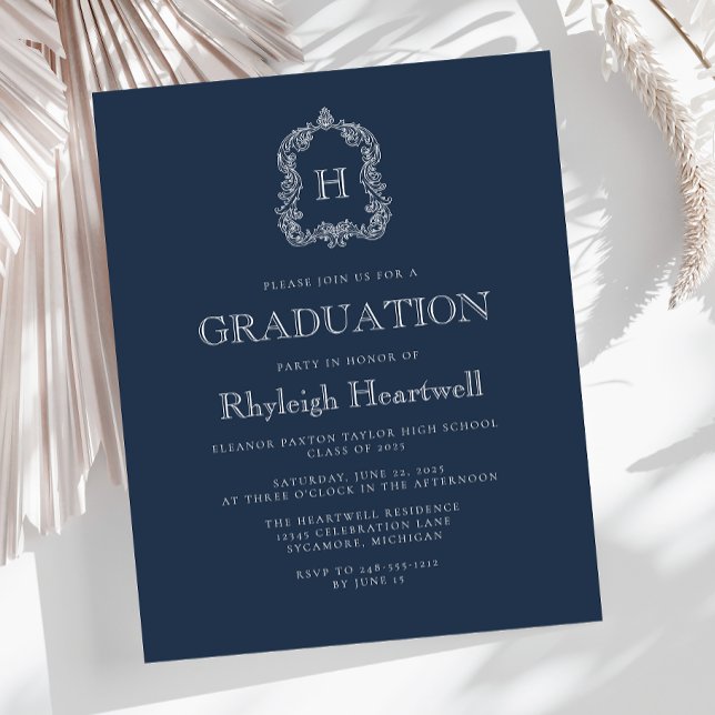 Budget Navy Blue Monogram Crest Graduation Party (Creator Uploaded)