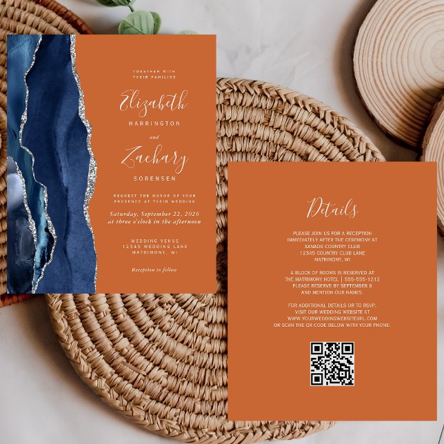 Budget Navy Blue Orange QR Code Wedding Invitation (Creator Uploaded)