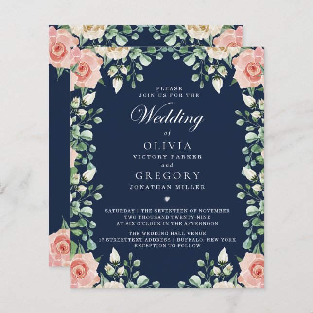 Budget Navy Blue, Pale Pink Floral Wedding Flyer (Front/Back)