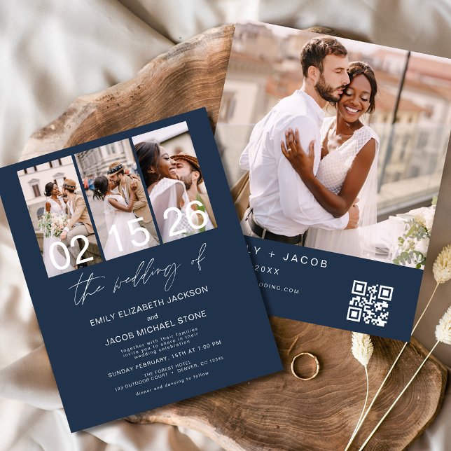 Budget Navy Blue Photo QR code Wedding Invitation (Creator Uploaded)