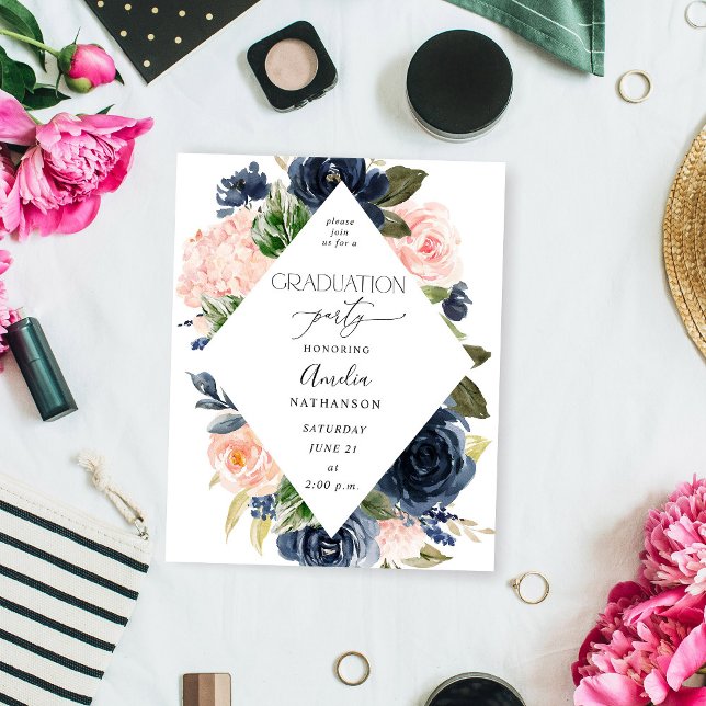 Budget Navy Blue & Pink Floral Graduation Party Flyer (Creator Uploaded)