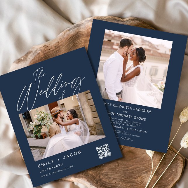 Budget Navy Blue QR Code Photo Wedding Invitation (Creator Uploaded)