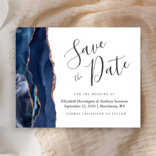 Budget Navy Blue Rose Gold Agate Save the Date