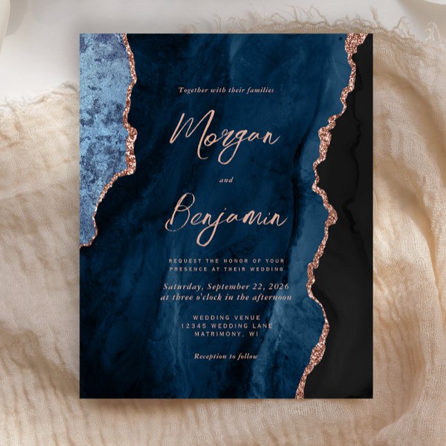 Budget Navy Blue Rose Gold Agate Wedding Invite (Creator Uploaded)