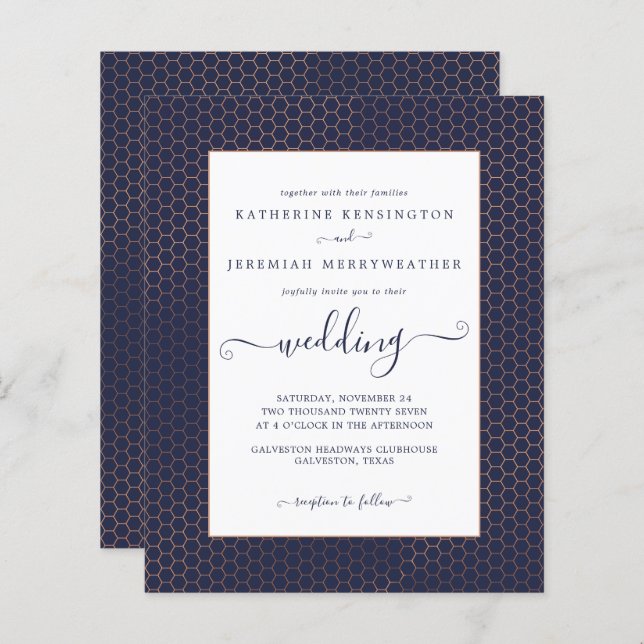 Budget Navy Blue Rose Gold Geometric Wedding (Front/Back)