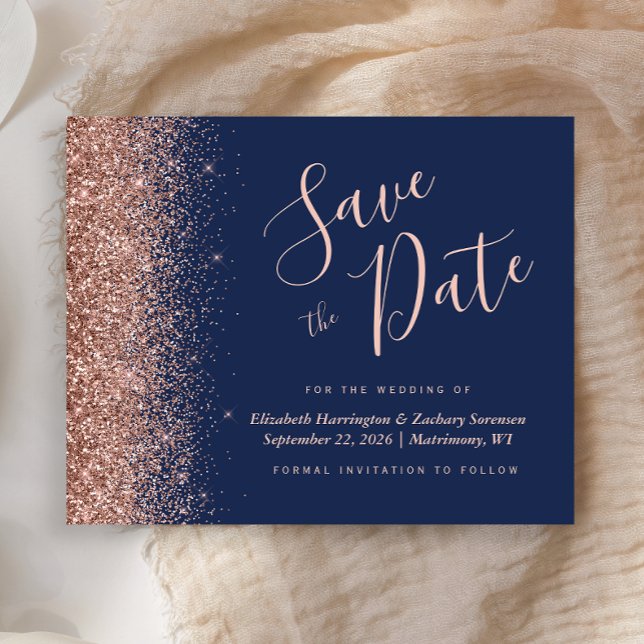Budget Navy Blue Rose Gold Glitter Save the Date (Creator Uploaded)