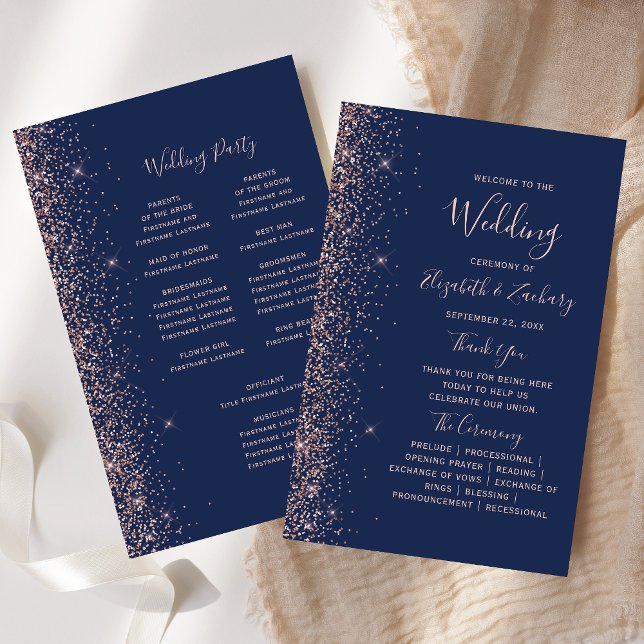 Budget Navy Blue Rose Gold Glitter Wedding Program (Creator Uploaded)