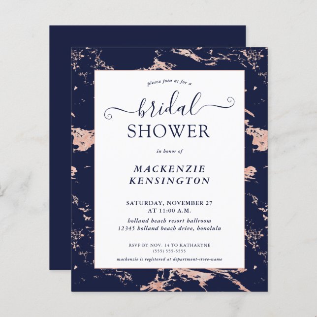 Budget Navy Blue Rose Gold Marble Bridal Shower (Front/Back)