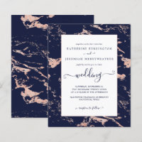 Budget Navy Blue Rose Gold Marble Wedding Invite