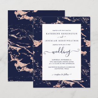 Budget Navy Blue Rose Gold Marble Wedding Invite