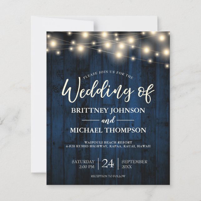 Budget Navy Blue Rustic String Lights Wood Invite (Front)