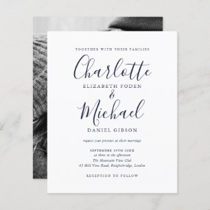 Budget Navy Blue Script Photo Wedding Invitation