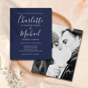 Budget Navy Blue Script Photo Wedding Invitation
