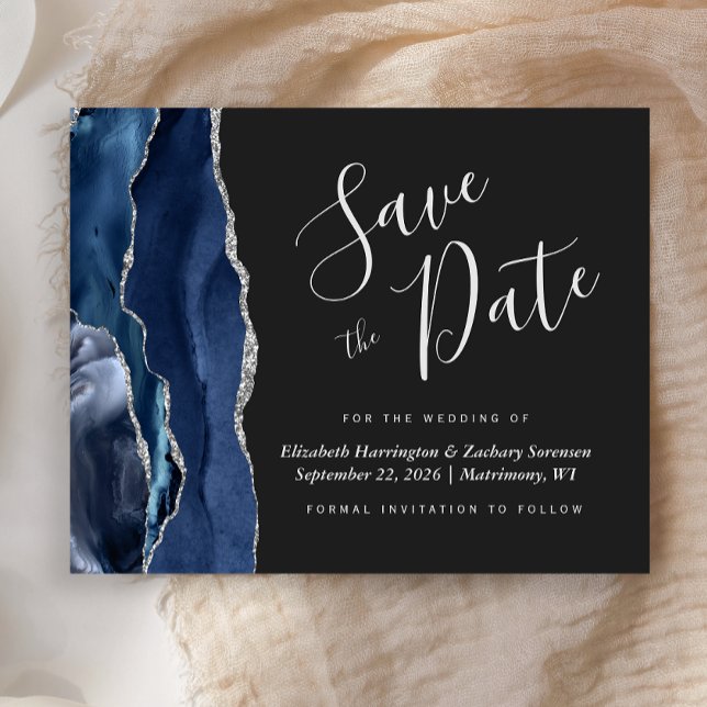 Budget Navy Blue Silver Agate Dark Save the Date (Creator Uploaded)