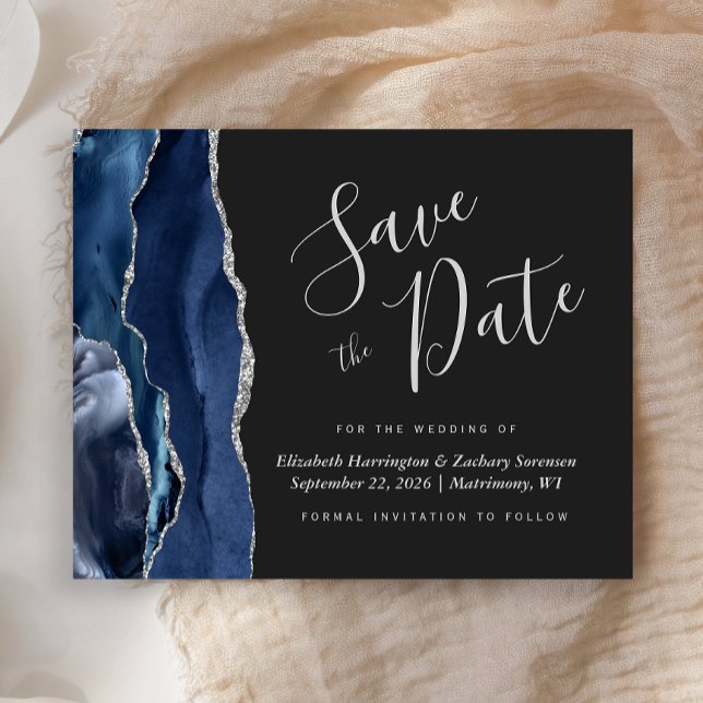 Budget Navy Blue Silver Agate Dark Save the Date (Creator Uploaded)