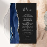 Budget Navy Blue Silver Agate Dark Wedding Menu<br><div class="desc">The left-hand edge of this elegant modern wedding menu features a navy blue watercolor agate border trimmed with faux silver glitter. The customisable text combines handwriting script and copperplate fonts in silver grey on an off-black background. The reverse side features a matching navy blue and silver agate design.</div>