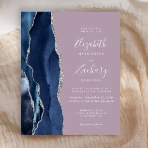 Budget Navy Blue Silver Agate Mauve Wedding Invite