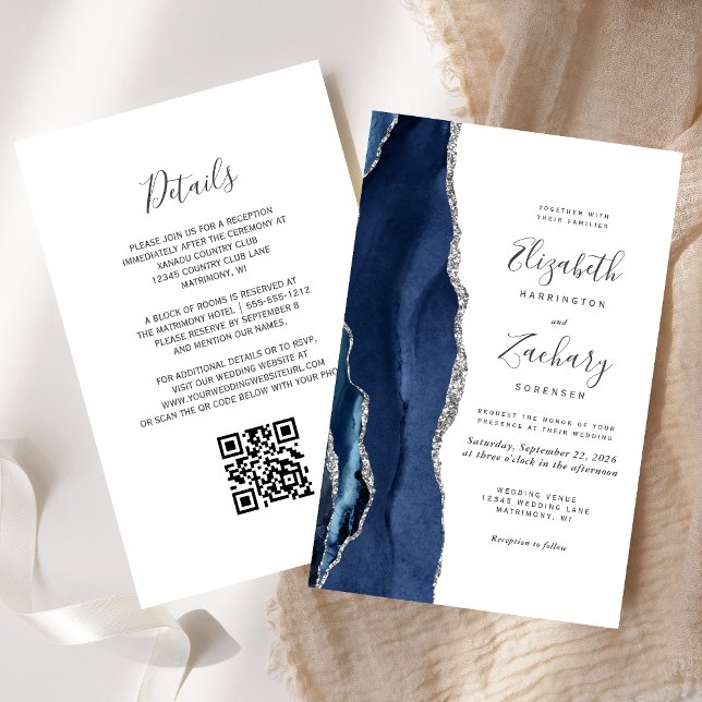 Budget Navy Blue Silver Agate QR Code Wedding (Creator Uploaded)