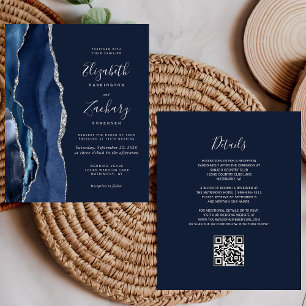 Budget Navy Blue Silver Agate QR Code Wedding