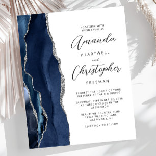 Budget Navy Blue Silver Agate Wedding Invitation