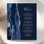 Budget Navy Blue Silver Agate Wedding Menu<br><div class="desc">The left-hand edge of this elegant modern wedding menu features a navy blue watercolor agate border trimmed with faux silver glitter. The customizable text combines handwriting script and copperplate fonts in silver gray on a navy blue background. The reverse side features a matching navy blue and silver agate design.</div>