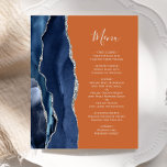 Budget Navy Blue Silver Burnt Orange Agate Menu<br><div class="desc">The left-hand edge of this elegant modern wedding menu features a navy blue watercolor agate border trimmed with faux silver glitter. The customisable text combines handwriting and copperplate fonts in silver grey on a burnt orange background. The reverse side features a matching navy blue and silver agate design.</div>