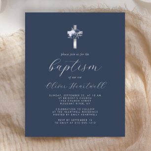 Budget Navy Blue Silver Floral Cross Boys Baptism