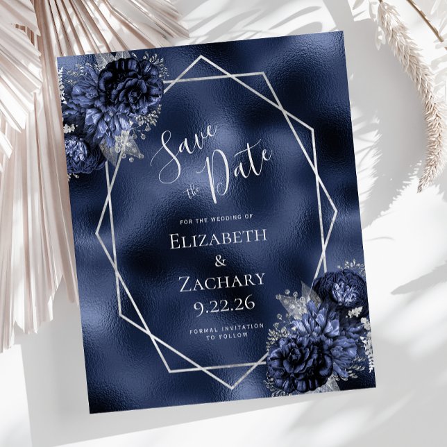 Budget Navy Blue Silver Floral Save the Date (Creator Uploaded)